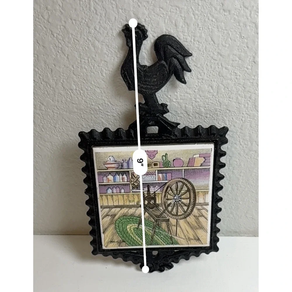 Vintage Japan Cast Iron Rooster Trivet Wall Plaque Ceramic Tile Spinning Wheel